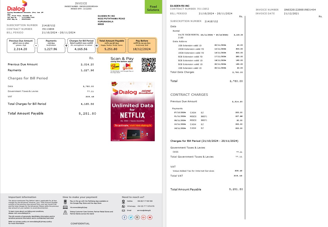 Sri Lanka Dialog business utility bill template in Word and PDF formats, 2 pages